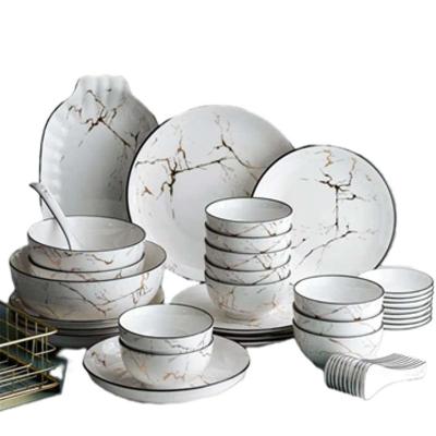 China New Design Marble Restaurant Steak Salad Gold Letter Dessert Ceramic Dish Set for sale