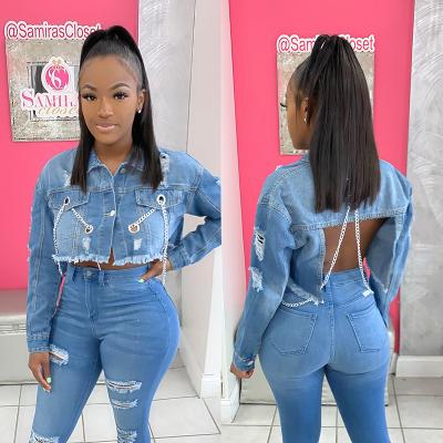 China Popular Design Women's Denim Plain Chain Hoodie Breathable Backless Long Sleeve Denim Top Chaquetas mujer for sale