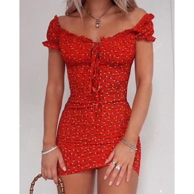 China Viable Women Floral Wrap Dress Off The Shoulder Tie Front Ruffle Mini Dress Summer Office Lady Slash Neck Printed Pencil Dress for sale