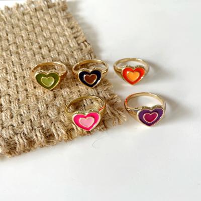 China New FASHIONABLE Creative 18k Gold Plated Heart Seal Ring Oil Dropping Double Heart Chunky Ring Stainless Steel Heart Ename Ring for sale