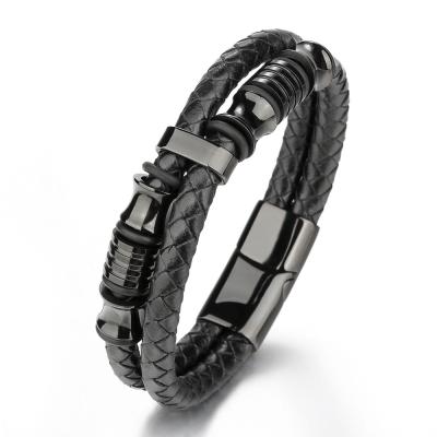 China European American Fashion Stainless Steel Multilayer Braided Leather Men's CLASSIC Cowhide Rope Bracelet Titanium Steel Bracelet Fashion for sale