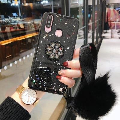 China Anti-scrach Phone Case Cell Phone Cover For Girls Bling Fur Ball Fashion Glitter Phone Cases With Ring Holder for sale