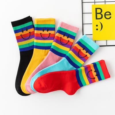 China QUICK DRY HOT Colorful Crew Socks Girls Meias Kawaii Cotton Rainbow Color Socks Smile Face Socks For Women for sale