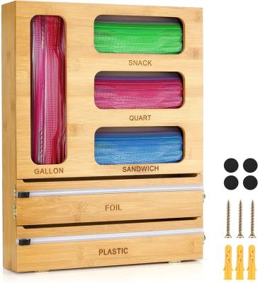 China 6 Viable In 1 Wrap Bamboo Dispenser With Cutter For Kitchen Drawer Ziplock Bag Organizer for sale