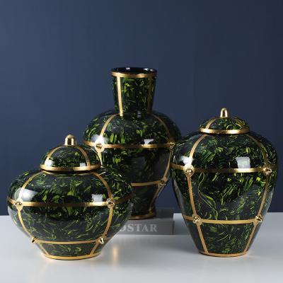 China Eco-friendly and durable classic lightweight luxury tabletop vase green texture ceramic decoration flower vase set for sale