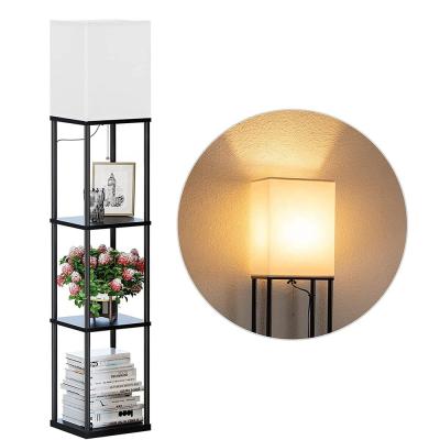 China nordic luxury column floor Lamp with Shelves modern black decorative standing hotel wood shelf floor lamp for sale