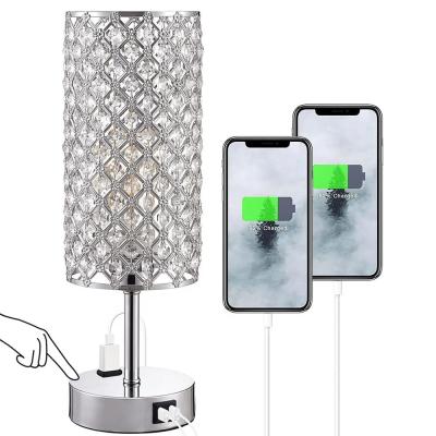 China Home Living Room Bedside Crystal Table Desk Nightstand Lamp with Dual USB Charging Port for sale