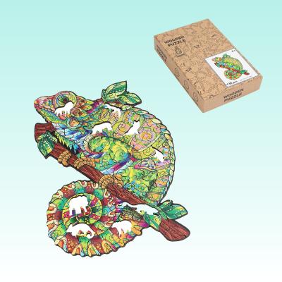 China Toy Unique Shaped Colorful Chameleon Cartoon Animal Wooden Puzzle For Adults 11.02 x 7.87 inch for sale