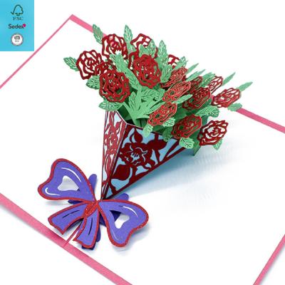 China Artificial Rose Bouquet 3D Well Crafted Pop Up Card, Flower Romance Card For Her for sale