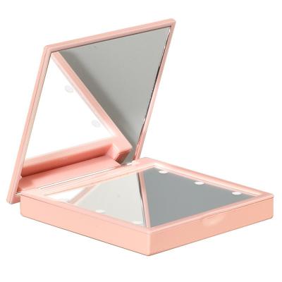 China ABS+Glass Women Foldable Makeup Mirror Lady Cosmetic Hand Folding Pocket Portable Compact Mirror 6 LED Lights for sale