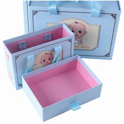 China Handmade Custom Printed Light Blue Cardboard Hard Clearance Newborn Baby Clothing Gift Boxes For Baby Clothes for sale