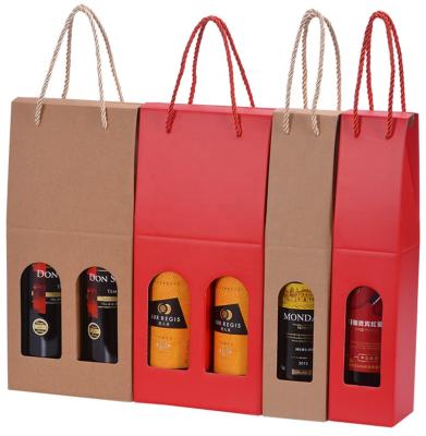 China Customized Size Recyclable And Logo Printed 2 Bottle Wine Gift Paper Packaging Bag With Handle for sale