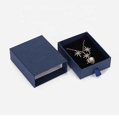 China Customized Handmade Small Size Velvet Box Drawer Jewelry Necklace Navy Blue Navy Blue Inner Tray Ring Earrings Gift Box With for sale