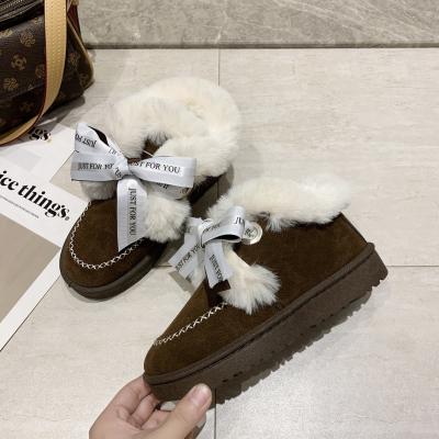 China Round Booties Woman Ankle Moccasin Fashion High Quality Snow Boots Comfortable Women's Winter Shoes Fluffy Bow Girls Shoes for sale