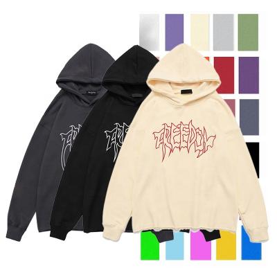 China Anti-wrinkle Custom Logo Pocket Cut Edge Embroidered Pullover Raw Trims Hem Men Without Strings Oversize hem raw edge bottom hoodies for sale