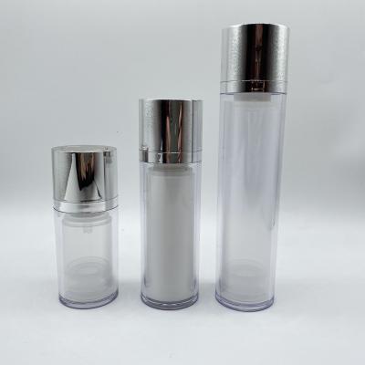 China 15ml 30ml 50ml cosmetic twist round as bb base clear cosmetic pump/vacuum liner silver eye cream plastic bottle for sale