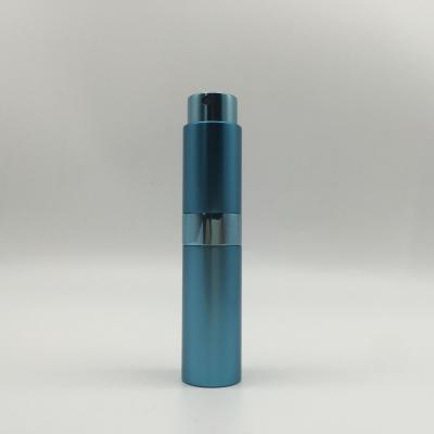 China Non Spill 8ml Luxury Blue Twist Round Aluminum Perfume Spray Bottle Glass Inner for sale