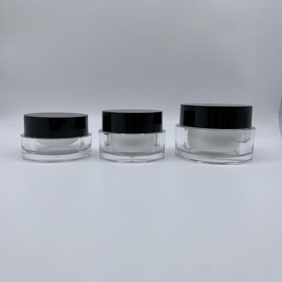 China Non Spill Factory Supply 20g 30g 50g Transparent Acrylic Round Face Cream Jar Cosmetic Sets With Shinning Black Cap for sale