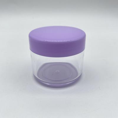 China Non Spill Small Round 20g Clear Plastic PS Cosmetic Jar With Purple Above Cap/ps Jar Container for sale