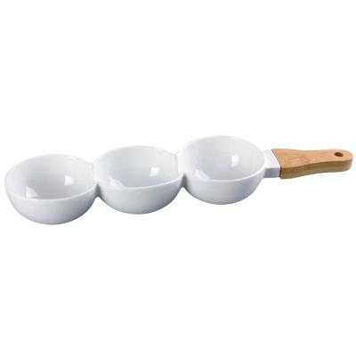 China JINYUAN Viable Custom Fruit Snacks Nuts Serving Tray Trio Ceramic Bowl Dish Dish With Bamboo Wood Handle for sale