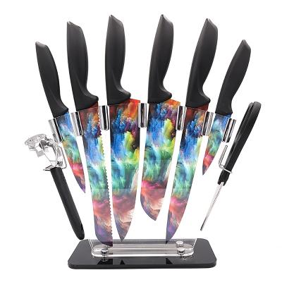 China Sustainable Rainbow six-piece kitchen knife set with plastic handle with scissors and acrylic knife holder for sale