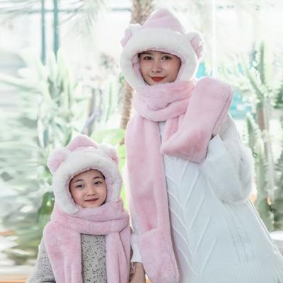 China Fashion\comfortable\goods ready to ship wholesale rabbit fur hat with scarfs mittens and paws 3 in 1 for child and mother for sale