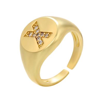 China Hot Sale TRENDY Hiphop Bling Bling 18K Gold Plated Crystal Zircon 26 Alphabet Open A-Z Letter Ring CZ Initial Ring For Party for sale