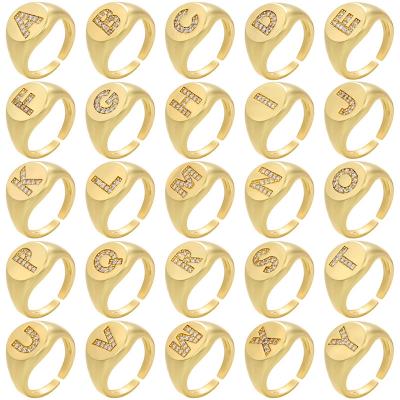 China TRENDY Hiphop Bling Bling 18K Gold Plated Custom Letter Ring CZ Zircon Alphabet Open Initial Ring For Party for sale