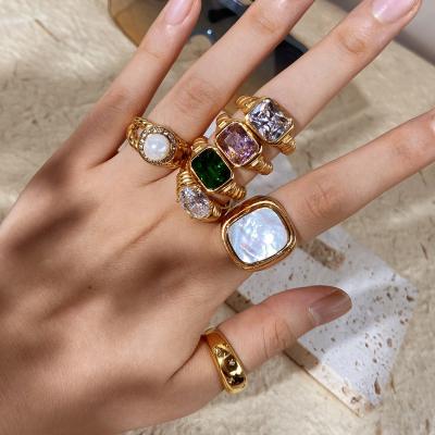 China TRENDY Rectangle Crystal Finger Jewelry Ins Crescent Twist Rings 18K Gold Plated Stainless Steel Colorful Zircon Ring For Women for sale