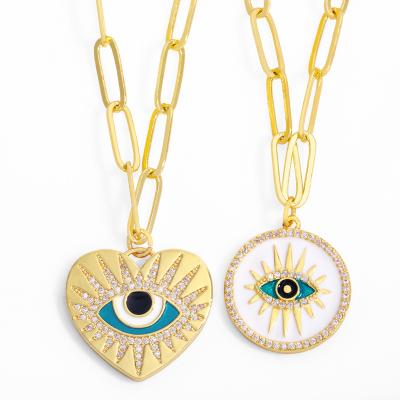 China FASHIONABLE European Hiphop Design CZ Micro Paved Heart Around Gold Plated Zircon Turkish Evil Eye Pendant Necklace for sale