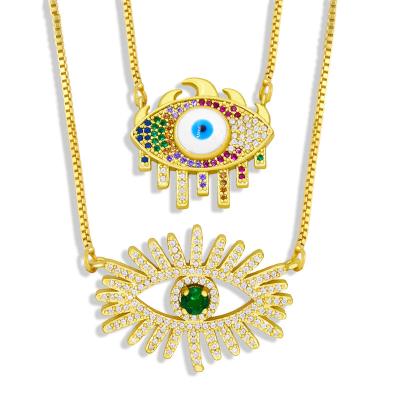 China 2021 Hot New Arrival FASHION Colorful Cubic Zircon Inlaid Eye Necklace Micro CZ Paved Evil Eye Gold Plated Pendant Necklace for sale