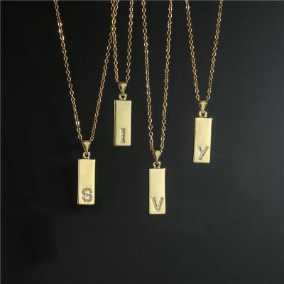 China FASHIONABLE 18K Gold Plated Square Tag Necklace Zircon Diamond Micro CZ Pendant Paved A-Z Alphabets Initial Necklace for sale