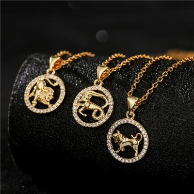 China TRENDY Fashion Gold Plated CZ Constellation Necklace 3D Retro Zodiac Micro Paved Brass Micro Pave Pendant Necklace for sale