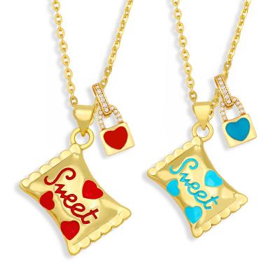 China New Design FASHIONABLE Cute Gold Plated Colorful Enamel Letter Sweet Love Lock And Candy Shaped Pendant Necklace for sale