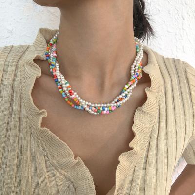 China FASHIONABLE European Custom Miyuki Rice Beads Necklace Bohemia Jewelry Women Mini Bead Wriggling Multi Layer Colorful Seed Bead Necklace for sale