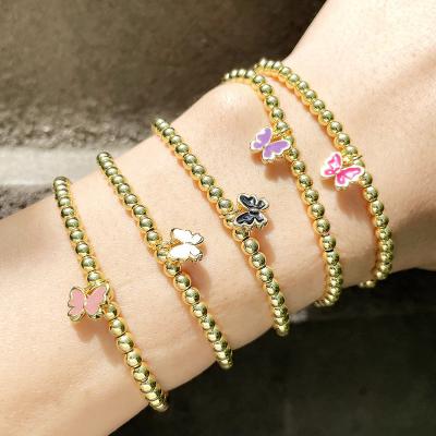 China FASHIONABLE New Arrival 18k Gold Plated Brass Beads Stretch Bracelet Colorful Enamel Butterfly Charm Elastic Beads Bracelet for sale