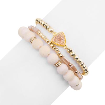 China FASHIONABLE Elastic Three Piece Bead Bracelet Set Multi Layers DIY Gold Plated Natural Stone Crystal Hematite Bracelets For Women for sale