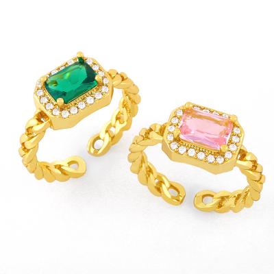 China FASHIONABLE Crystal Gold Plated Pink Green Hot Selling Hiphop Square Rhinestone Cubic Zircon Micro CZ Paved Open Adjustable Ring for sale