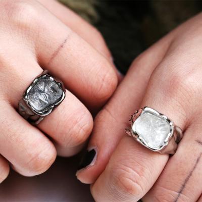 China TRENDY Silver and Black Plated Gothic Punk Couples Ring Irregular Raw Crystal Quartz Ring For Hiphop Women and Men for sale