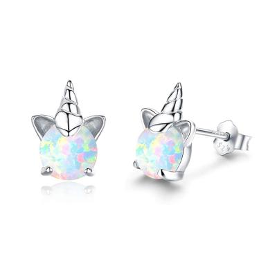 China 2021 New Design FASHIONABLE Brass Opal Stud Earring For Women White Kids Opal Inlaid Earring Unicorn Cat Shape for sale