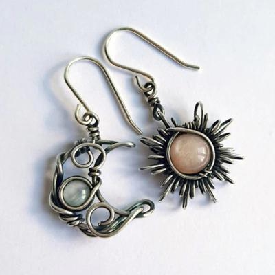 China FASHIONABLE Wholesale Earrings Boho Asymmetric Antique Silver Plated Retro Moonstone Sun&Moon Hook Earring for sale