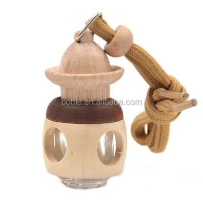 China Car Air Freshener Essential Oil Diffuser Cosmetic Empty Cute Glass Hanging Bottle With Wooden Lid for sale