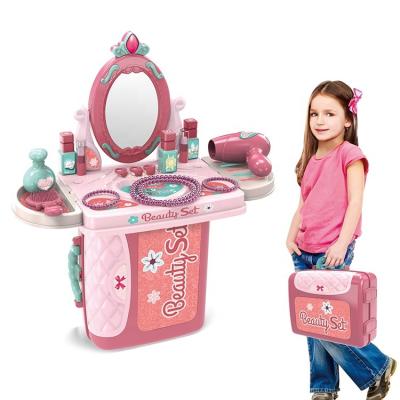 China Funny Happy Cabinet Sets Toys Plastic Pretend Play Mirror Dresser Table For Girls Kids Suitcase Makeup Toys Set for sale