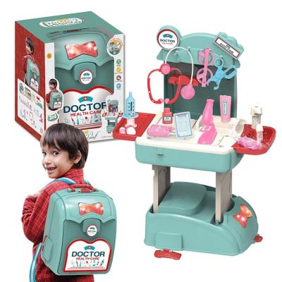 China Funny Happy Cabinet Sets Toys Portable Backpack 2 in 1 Music Light Pretend Doctors Kit Play Set Kids Toys for sale