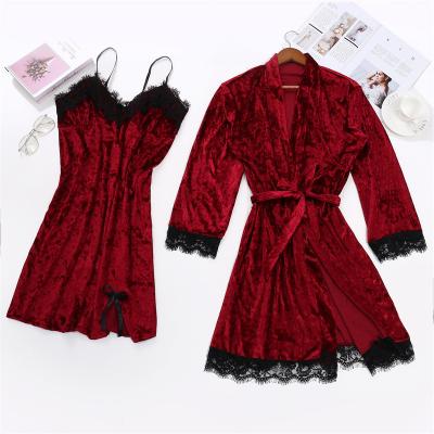 China P029 QUICK DRY women's underwear pajamas sets sexy velor long robe lingerie robe 2Pcs sexy velvet nightwear for sale