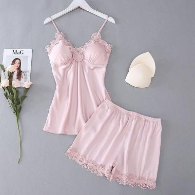 China P030 QUICK DRY Pajamas Embroidery Ruffle Decorated Triangle Cup Sleepwear Woman Satin Nightgowns Set Soft Lounge Wear for sale