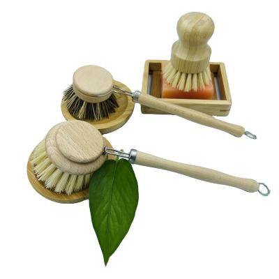 China Sustainable long wooden handle natural hard palm bristles dishwashing brush for kitchen cleaning sisal brush set for sale