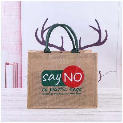 China Hot Sale Custom Logo Eco Friendly Customized Handled Printed Jute Bags With Logo for sale