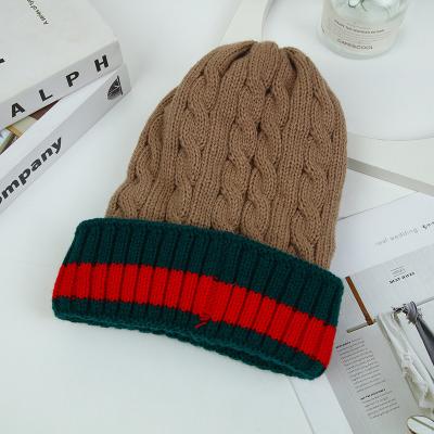 China JOINT Custom Beanie Fashion Red And Green Striped Ruffled Fur Lined Acrylic Knit Stretch Women's Winter Hat for sale