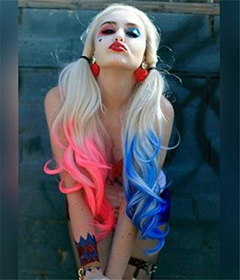 China Hot Selling Natural Wave Harley Quinn Lace Front Wig Brizilian 100% Comic Hair Mixed Color Blue And Pink Color Long Ombre Wavy Wig for sale